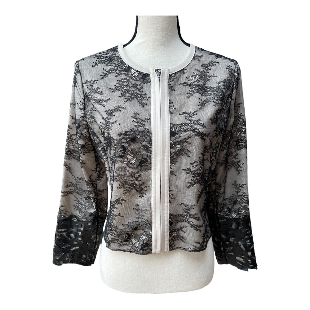 Chico's Black Label Crop Evening Jacket Floral Lace Faux Leather Cutout Sz Small